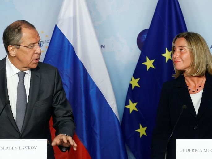 Russian Foreign Minister Sergei Lavrov and European Union foreign policy chief Federica Mogherini address a joint news conference after their meeting in Brussels, Belgium, July 11, 2017. REUTERS/Francois Lenoir