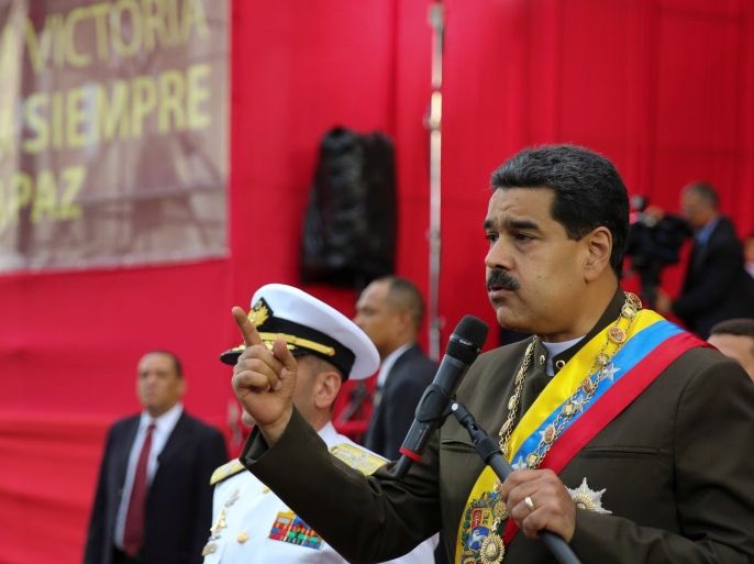 Venezuela's President Nicolas Maduro speaks during a military parade to celebrate the 80th anniversary of the Venezuela's National Guard, in Caracas, Venezuela August 4, 2017. Miraflores Palace/Handout via REUTERS ATTENTION EDITORS - THIS PICTURE WAS PROVIDED BY A THIRD PARTY.