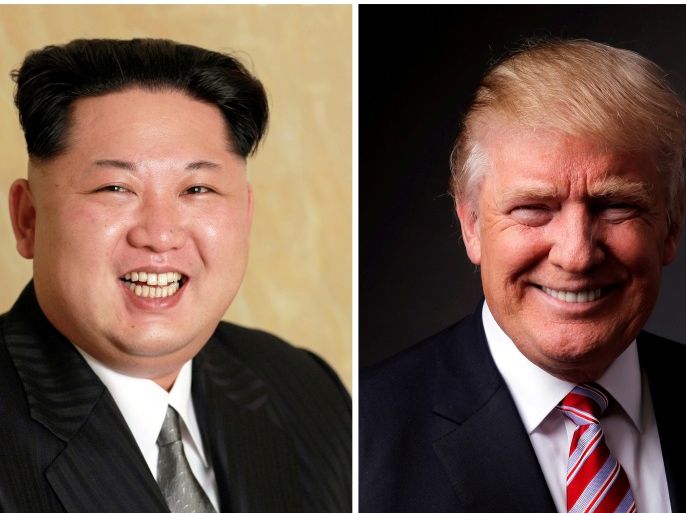 FILE PHOTOS: A combination photo shows a Korean Central News Agency (KCNA) handout of North Korean leader Kim Jong Un released on May 10, 2016, and Republican U.S. presidential candidate Donald Trump posing for a photo after an interview with Reuters in his office in Trump Tower, in the Manhattan borough of New York City, U.S., May 17, 2016. REUTERS/KCNA handout via Reuters/File Photo & REUTERS/Lucas Jackson/File Photo ATTENTION EDITORS - THE KCNA IMAGE WAS PROVIDED BY