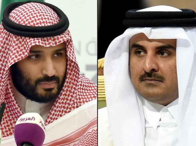 (COMBO) This combination of pictures created on September 9, 2017 shows then-Saudi Defence Minister and Deputy Crown Prince Mohammed bin Salman (L) during a press conference in the capital Riyadh on April 25, 2016; and Qatar's Emir Sheikh Tamim bin Hamad Al-Thani (R) attending the 136th Gulf Cooperation Council (GCC) summit in Riyadh on December 10, 2015.The Qatari ruler called Saudi Crown Prince Mohammed bin Salman to express interest in talks to resolve a three-month