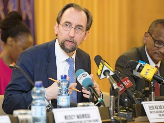 Jordan's Prince Zeid bin Raad Zeid al-Hussein, United Nations High Commissioner for Human Rights, is pictured during a press briefing at the United Nations Economic Commission for Africa (UNECA) conference center in Addis Ababa on May 4, 2017. Raad is on a three day trip to Ethiopia to speak with the Prime Minister, other top officials, as well as civil society groups and political prisoners about the human rights situation in the country. / AFP PHOTO / ZACHARIAS ABUBEKER (Photo credit should read ZACHARIAS ABUBEKER/AFP/Getty Images)