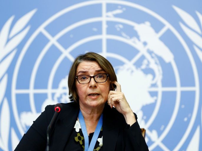 Catherine Marchi-Uhel of France, newly-appointed head of the International, Impartial and Independent Mechanism (IIIM) attends a news conference on Syria crimes at the United Nations in Geneva, Switzerland September 5, 2017. REUTERS/Denis Balibouse