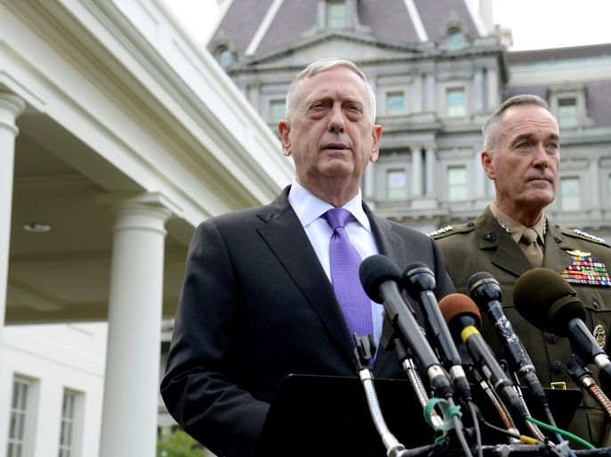 Secretary of Defense James Mattis (L) makes a statement outside the West Wing of the White House in response to North Korea's latest nuclear testing, as Chairman of the Joint Chiefs of Staff Gen. Joseph Dunford listens, in Washington, U.S., September 3, 2017. REUTERS/Mike Theiler TPX IMAGES OF THE DAY