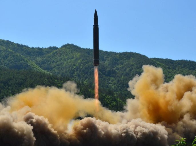 The intercontinental ballistic missile Hwasong-14 is seen during its test in this undated photo released by North Korea's Korean Central News Agency (KCNA) in Pyongyang, July 5 2017. KCNA/via REUTERS ATTENTION EDITORS - THIS IMAGE WAS PROVIDED BY A THIRD PARTY. REUTERS IS UNABLE TO INDEPENDENTLY VERIFY THIS IMAGE. NO THIRD PARTY SALES. SOUTH KOREA OUT.