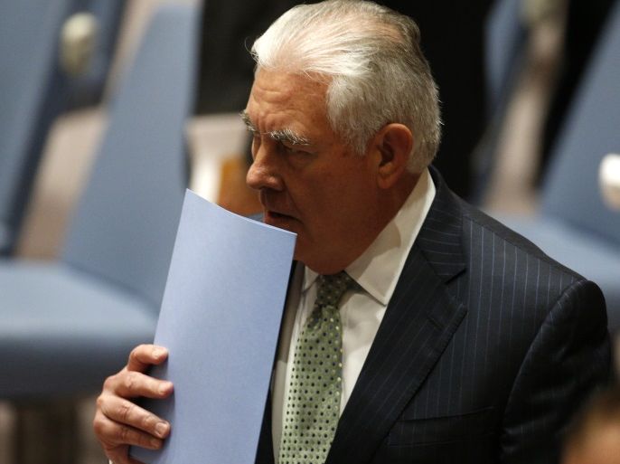 U.S. Secretary of State Rex Tillerson arrives for a U.N. Security Council meeting to discuss the acute threat posed by the proliferation of weapons of mass destruction, on the sideline of the 72nd United Nations General Assembly at U.N. Headquarters in New York, U.S., September 21, 2017. REUTERS/Brendan McDermid