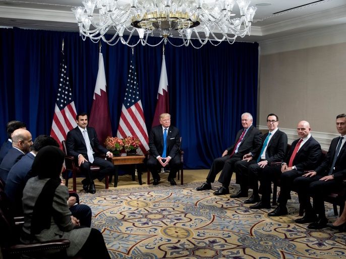 Qatar's Emir Tamim bin Hamad Al Thani (L) US President Donald Trump (2L), US Secretary of State Rex Tillerson (3L), US Secretary of the Treasury Steven Mnuchin (3R), National Security Advisor H. R. McMaster (2R), Senior Advisor Jared Kushner (R) and others wait for a meeting at the Palace Hotel on September 19, 2017 in New York City, on the sidelines of the United Nations General Assembly. / AFP PHOTO / Brendan Smialowski (Photo credit should read BRENDAN SMIALO