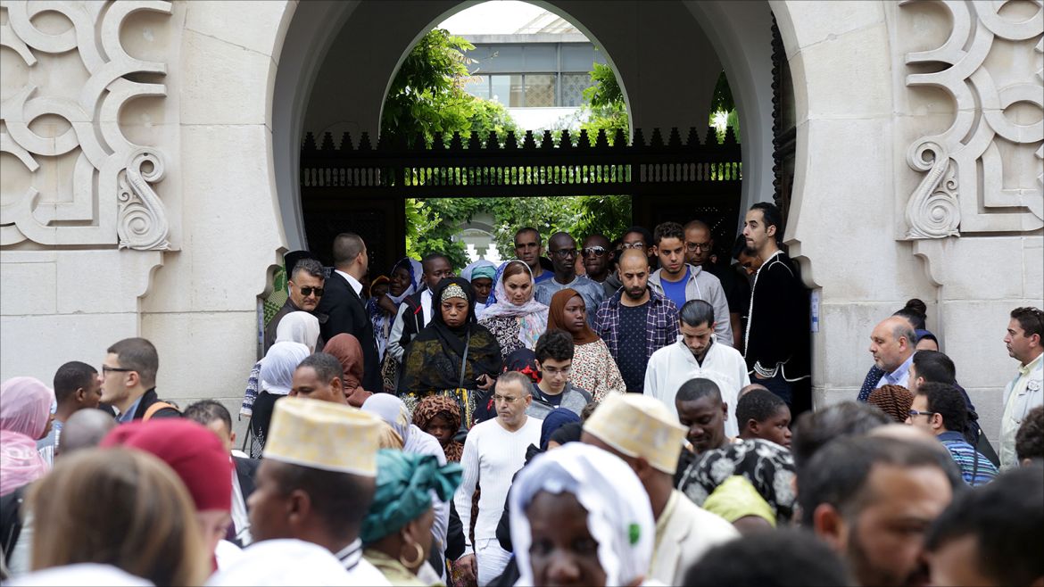 Muslim worshippers leave at the end of the Friday prayers at the Grand Mosque of Paris on September 1, 2017 as Muslims across the world prepare to celebrate Eid al-Adha. Muslims across the world are preparing to celebrate the annual holiday of Eid al-Adha, or the Festival of Sacrifice, by visiting the tombs of their loved ones and slaughtering sheep, goats, cows and camels, marking the end of the Hajj pilgrimage to Mecca and in commemoration of Prophet Abraham's readiness to sacrifice his son, Ismail, on God's command. / AFP PHOTO / Zakaria ABDELKAFI (Photo credit should read ZAKARIA ABDELKAFI/AFP/Getty Images)