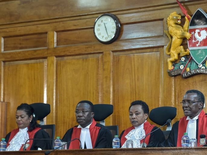 Kenyan Supreme Court judges rule over an opposition petition challenging the result of the August 8 presidential election in Nairobi on September 1, 2017.Kenya's Supreme Court declared the results of last month's presidential poll 'invalid, null and void' and ordered the election be re-run within 60 days. / AFP PHOTO / SIMON MAINA (Photo credit should read SIMON MAINA/AFP/Getty Images)