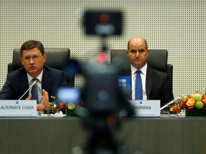 Russia's Energy Minister Alexander Novak, Kuwait's Oil Minister and OPEC conference president, Issam Almarzooq, and OPEC Secretary General Mohammad Barkindo, attend a meeting of the Organization of the Petroleum Exporting Countries (OPEC) and non-OPEC producing countries in Vienna, Austria September 22, 2017. REUTERS/Leonhard Foeger