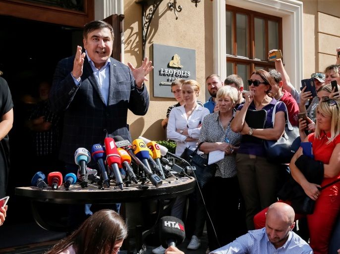 Former Georgian President Mikheil Saakashvili speaks during a press conference in Lviv, Ukraine September 11, 2017. REUTERS/Gleb Garanich