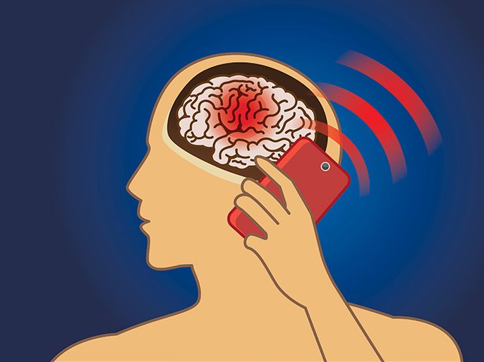 Brain damage from using mobile phone radiation in a long time. Medical illustration - العقل - الجوال - الموبايل - دماغ