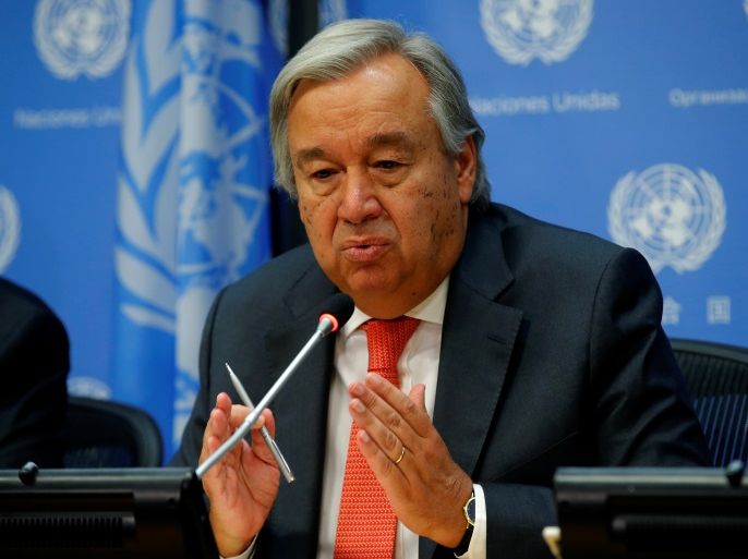 UN Secretary General Antonio Guterres speaks at a news conference ahead of the 72nd United Nations General Assembly at U.N. headquarters in New York, September 13, 2017. REUTERS/Mike Segar