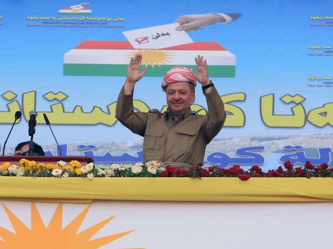 Iraqi Kurdish President Masoud Barzani gestures as he attends a rally in support for the upcoming September 25th independence referendum in Zakho, Iraq September 14, 2017. REUTERS/Ari Jalal