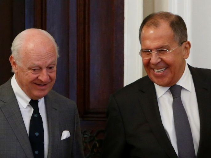 Russian Foreign Minister Sergei Lavrov and United Nations Special Envoy for Syria Staffan de Mistura enter a hall during their meeting in Moscow, Russia June 8, 2017. REUTERS/Sergei Karpukhin