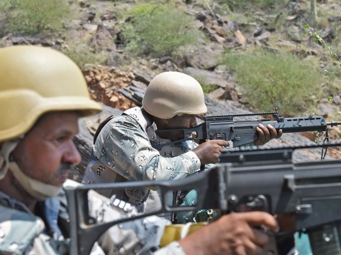 Saudi border guards keep watch along the border with Yemen in the al-Khubah area in the southern Jizan province on October 3, 2017. The post in al-Khubah, a deserted village framed by barren mountain ridges, is one of several border guard bases the Huthi-rebels have targeted in cross-border raids since a Saudi-led coalition began its military intervention in Yemen in 2015. / AFP PHOTO / Fayez Nureldine (Photo credit should read FAYEZ NURELDINE/AFP/Getty Images)