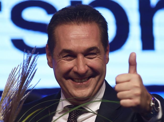 Top candidate and head of far-right Freedom Party (FPOe) Heinz-Christian Strache attends his party meeting after Austria's general election in Vienna, Austria, October 15, 2017. REUTERS/Michael Dalder