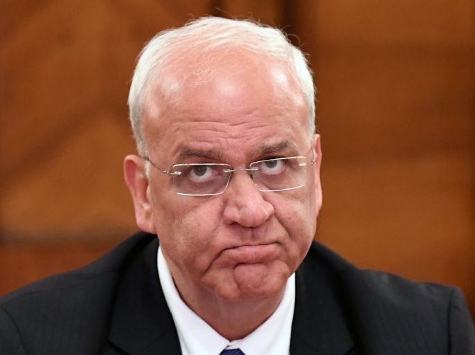 Saeb Erekat, secretary general of the Palestine Liberation Organisation (PLO), attends a meeting with Russian Foreign Minister in Moscow on January 13, 2017. / AFP / Kirill KUDRYAVTSEV (Photo credit should read KIRILL KUDRYAVTSEV/AFP/Getty Images)