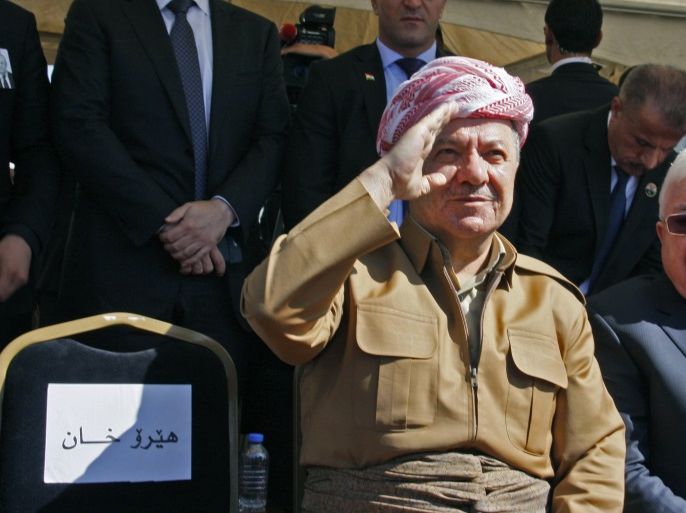 Iraqi Kurdish leader Massud Barzani (L) sits next to Iraqi President Fuad Massum during a ceremony at the airport in the Iraqi Kurdish city of Sulaimaniyah following the arrival of Iraqi ex-president Jalal Talabani's coffin on October 6, 2017.Talabani died in Germany on October 3, 2017 aged 83, barely a week after an Iraqi Kurdish vote for independence sparked a crisis in the autonomous Kurdish region's relations with Baghdad. / AFP PHOTO / SHWAN MOHAMMED (Photo credit should read SHWAN MOHAMMED/AFP/Getty Images)