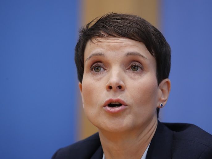 Frauke Petry, chairwoman of the anti-immigration party Alternative fuer Deutschland (AfD) speaks during a news conference in Berlin, Germany, September 25, 2017. REUTERS/Wolfgang Rattay