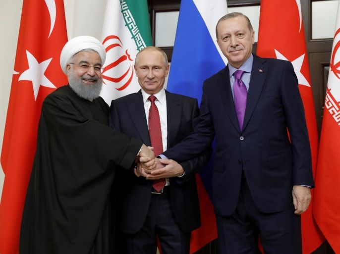 Iran's President Hassan Rouhani, Russia's Vladimir Putin and Turkey's Tayyip Erdogan meet in Sochi, Russia November 22, 2017. Sputnik/Mikhail Metzel/Kremlin via REUTERS ATTENTION EDITORS - THIS IMAGE WAS PROVIDED BY A THIRD PARTY. TPX IMAGES OF THE DAY