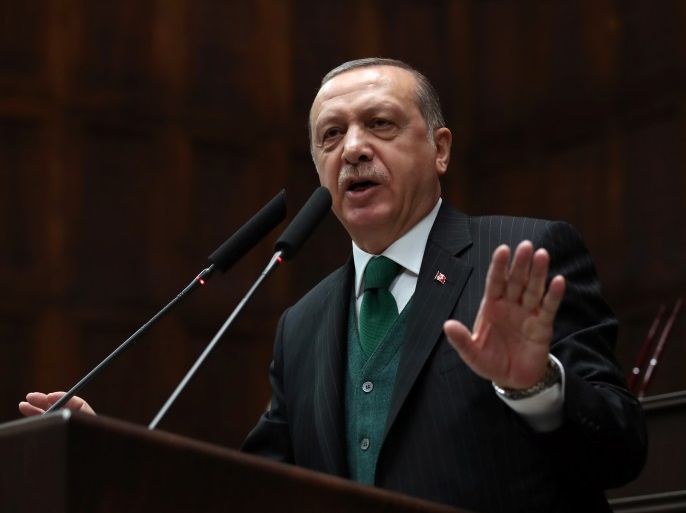 Turkish President Tayyip Erdogan addresses members of parliament of his ruling AK Party (AKP) during a meeting at the Parliament in Ankara, Turkey, November 7, 2017. REUTERS/Umit Bektas