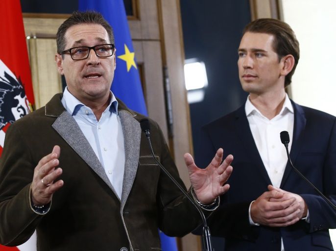 Head of the Freedom Party (FPOe) Heinz-Christian Strache (L) and head of the People's Party (OeVP) Sebastian Kurz address a news conference in Vienna, Austria, December 15, 2017. REUTERS/Leonhard Foeger