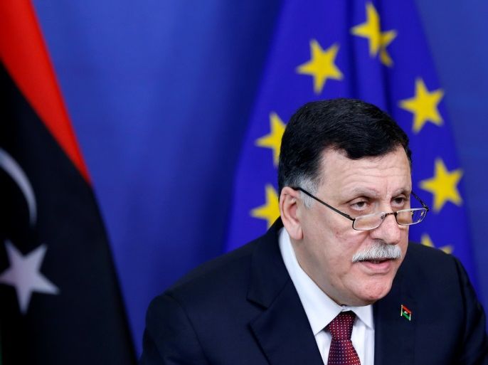 Libya's Prime Minister Fayez al-Sarraj addresses a joint news conference with European Union foreign policy chief Federica Mogherini (unseen) at the EU Commission headquarters in Brussels, Belgium February 2, 2017. REUTERS/Francois Lenoir