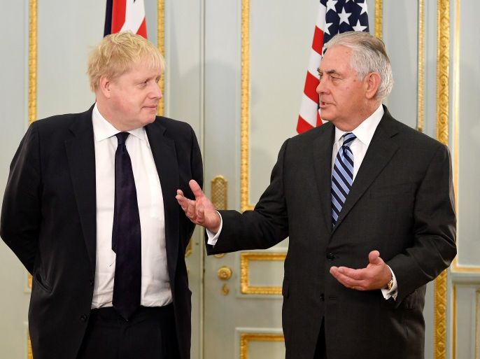 U.S. Secretary of State Rex Tillerson and Britain's Foreign Secretary Boris Johnson attend a press conference in London, January 22, 2018. REUTERS/Toby Melville
