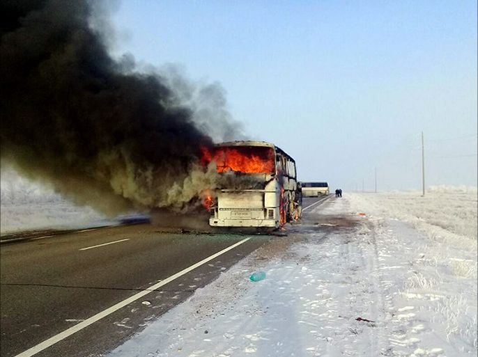 epa06449497 A handout photo made available by the Committee for Emergency Situations of Kazakhstan's Internal Affairs Ministry shows a passenger bus burning on a road between Samara and Shymkent about 10 km from Kalybai village in the Irgiz district of the Aktobe (Aktyubinsk) region in Kazakhstan, 18 January 2018. According to media reports, 52 people of 57 being in the bus died in the fire. EPA-EFE/Kazakhstan's Internal Affairs Ministry / HANDOUT HANDOUT EDITORIAL USE ONLY/NO SALES