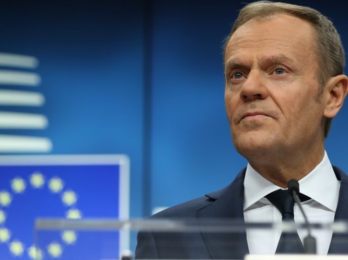 BRUSSELS, BELGIUM - DECEMBER 15: President of the European Council Donald Tusk speaks during the final press conference at the end of the European Union leaders summit at the European Council on December 15, 2017 in Brussels, Belgium. The European Council summit is meeting for two days to discuss issues related to Brexit, defence, education, immigration and foreign policy. (Photo by Dan Kitwood/Getty Images)