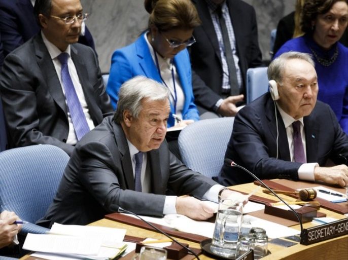 epa06450687 United Nations Secretary-General Antonio Guterres (C) speaks during a United Nations Security Council meeting about nuclear non-proliferation at United Nations headquarters in New York, New York, USA, 18 January 2018. At right is Kairat Umarov, Permanent Representative of Kazakhstan to the UN and current President of the Security Council. EPA-EFE/JUSTIN LANE