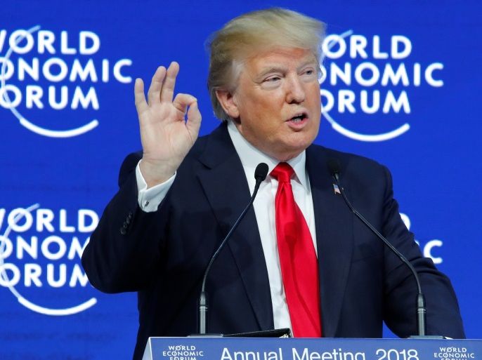 U.S. President Donald Trump gestures as he delivers a speech during the World Economic Forum (WEF) annual meeting in Davos, Switzerland January 26, 2018. REUTERS/Denis Balibouse