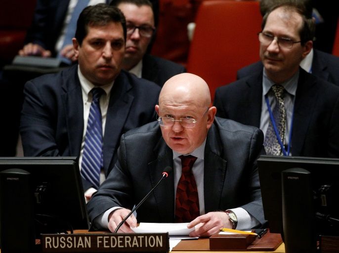 Russian ambassador to the U.N. Vasily Nebenzya speaks during a UN Security Council meeting on Syria at the United Nations headquarters in New York, U.S., February 22, 2018. REUTERS/Brendan McDermid