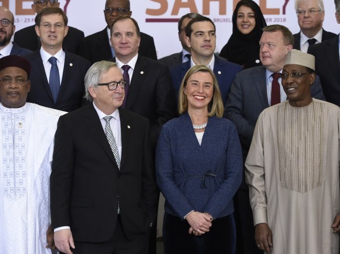 epa06556924 European Union High Representative for Foreign Affairs and Security Policy Federica Mogherini (C, front row) stands next to (L-R, front row) Niger's President Mahamadou Issoufou, European Commission President Jean-Claude Juncker, Chad's President Idriss Deby and Mauretania's President Mohamed Ould Abdel Aziz as they gather for a family photo during a High Level Conference on the Sahel at the European Commission in Brussels, Belgium, 23 February 2018.