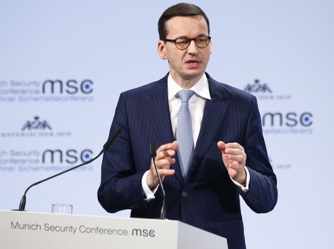 Poland's Prime Minister Mateusz Morawiecki talks at the Munich Security Conference in Munich, Germany, February 17, 2018. REUTERS/Michaela Rehle