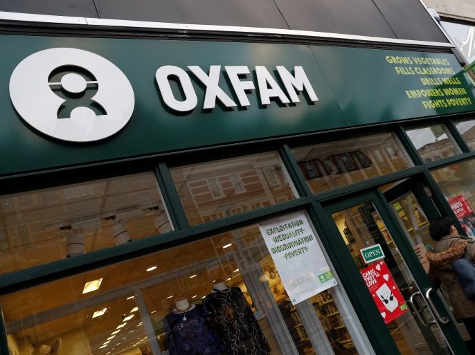 A sign is seen above a branch of Oxfam, in London, Britain February 12, 2018. REUTERS/Peter Nicholls