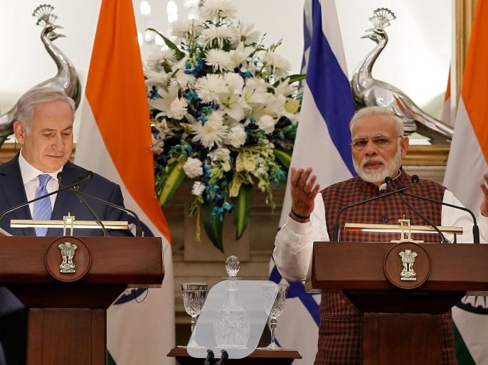 India's Prime Minister Narendra Modi speaks as his Israeli counterpart Benjamin Netanyahu looks on during a signing of agreements ceremony at Hyderabad House in New Delhi, India January 15, 2018. REUTERS/Adnan Abidi