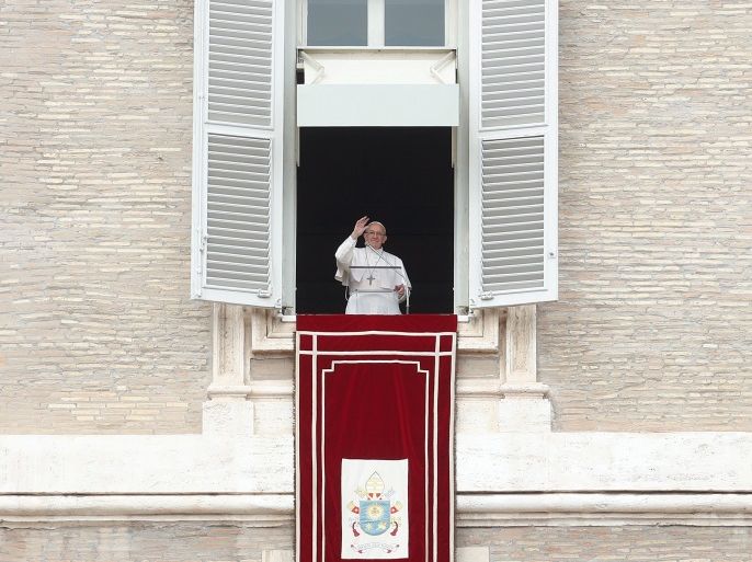 Pope Francis waves as he leads his Angelus prayer in Saint Peter's Square at the Vatican, February 25, 2018. REUTERS/Remo Casilli