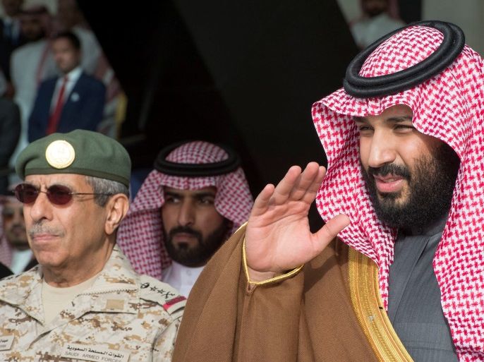 Saudi Arabia's Crown Prince Mohammed bin Salman gestures during the graduation ceremony of the 93rd batch of the cadets of King Faisal Air Academy, in Riyadh, Saudi Arabia, February 21, 2018. Bandar Algaloud/Courtesy of Saudi Royal Court/Handout via REUTERS ATTENTION EDITORS - THIS PICTURE WAS PROVIDED BY A THIRD PARTY.