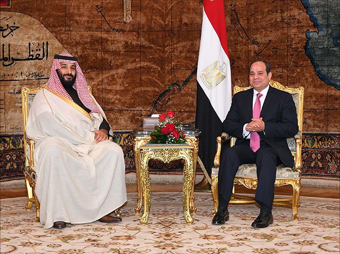 epa06579774 A handout photo made by the Egyptian Presidency shows Egyptian President Abdel Fattah al-Sisi (R) welcoming Saudi Crown Prince Mohammad Bin Salman (L) at the Presidential Palace, Cairo, Egypt, 04 March 2018. Mohammad bin Salman is on a three-days official visit to Egypt. EPA-EFE/EGYPTIAN PRESIDENCY HANDOUT HANDOUT EDITORIAL USE ONLY/NO SALES
