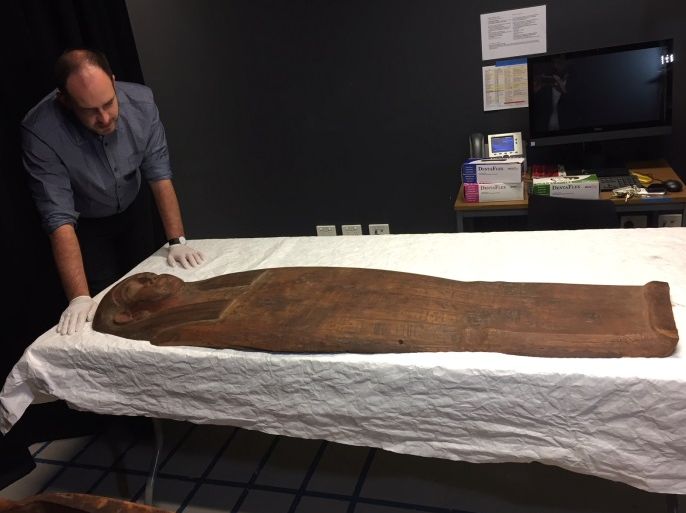 A 2,500-year old coffin that may contain a mummy lies at the University of Sydney in Sydney, Australia March 27, 2018. REUTERS/Colin Packham