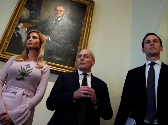 White House senior advisor Ivanka Trump, White House Chief of Staff John Kelly and White House senior advisor Jared Kushner look on as U.S. President Donald Trump delivers remarks to reporters before a cabinet meeting at the White House in Washington, U.S., January 10, 2018. REUTERS/Jonathan Ernst