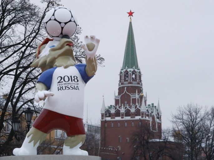 The official mascot for the 2018 FIFA World Cup Russia, Zabivaka, is on display, with a tower of the Kremlin seen in the background, in central Moscow, Russia November 29, 2017. REUTERS/Sergei Karpukhin