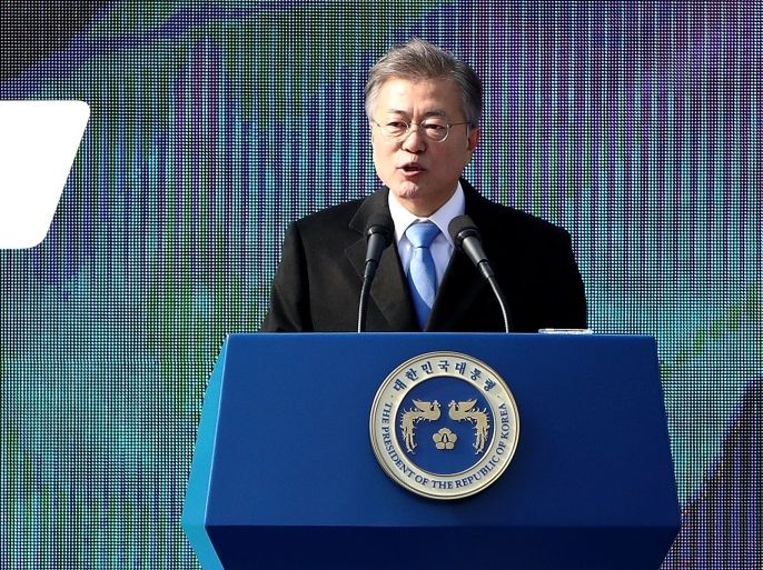 SEOUL, SOUTH KOREA - MARCH 01: South Korean President Moon Jae-In speaks during the 99th Independence Movement Day ceremony at Seodaemun Prison History Hall on March 1, 2018 in Seoul, South Korea. South Koreans celebrate the public holiday marking the 1919 civilian uprising against Japanese rule, which colonized the Korean peninsula from 1910-1945. (Photo by Chung Sung-Jun/Getty Images)
