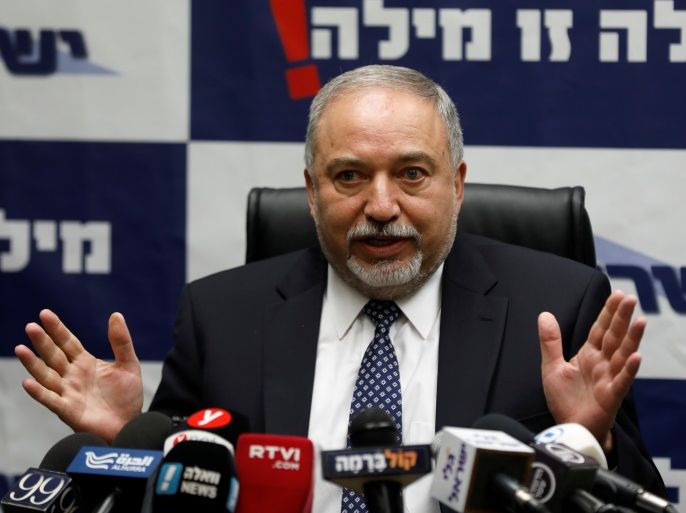 Israeli Defence Minister Avigdor Lieberman chairs the Yisrael Beitenu faction weekly meeting at the Knesset, the Israeli Parliament, in Jerusalem, March 12, 2018. REUTERS/Ronen Zvulun