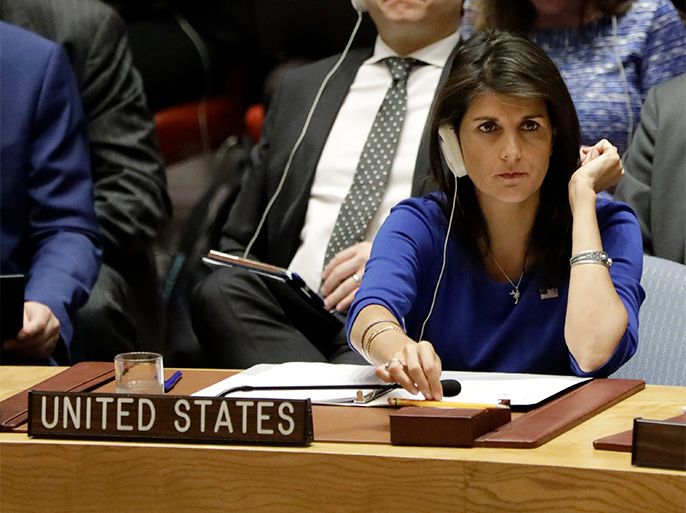 epa06669295 United States Ambassador to the UN Nikki Haley listens to addresses by member states during a Security Council meeting on the situation in Syria at United Nations headquarters in New York, New York, USA, 14 April 2018. EPA-EFE/JASON SZENES
