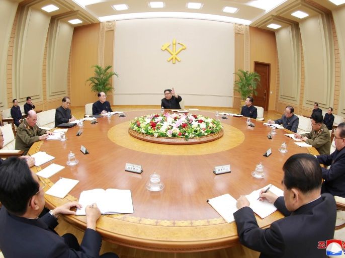 North Korean leader Kim Jong Un heads a party meeting in this photo released by North Korea's Korean Central News Agency (KCNA) in Pyongyang April 9, 2018. KCNA/via Reuters ATTENTION EDITORS - THIS IMAGE WAS PROVIDED BY A THIRD PARTY. REUTERS IS UNABLE TO INDEPENDENTLY VERIFY THIS IMAGE. NO THIRD PARTY SALES. NOT FOR USE BY REUTERS THIRD PARTY DISTRIBUTORS. SOUTH KOREA OUT.