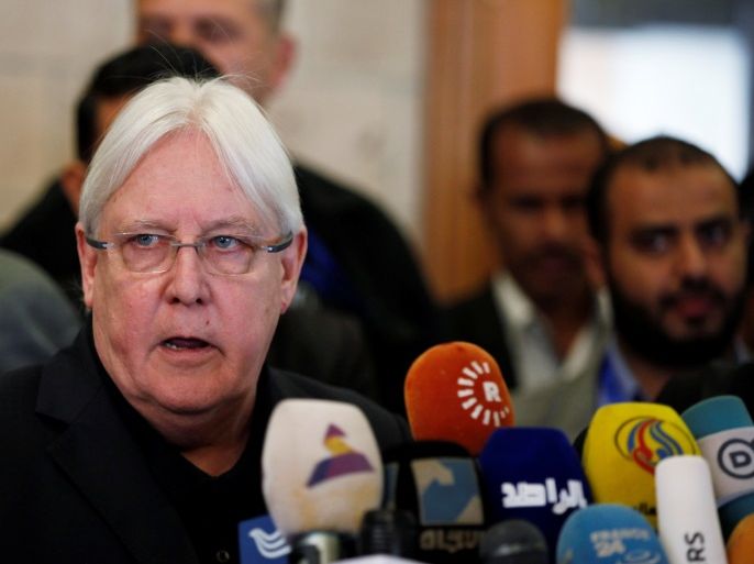 The newly appointed U.N. envoy to Yemen, Martin Griffiths, speaks to reporters upon his arrival at Sanaa airport in Sanaa, Yemen March 24, 2018. REUTERS/Khaled Abdullah