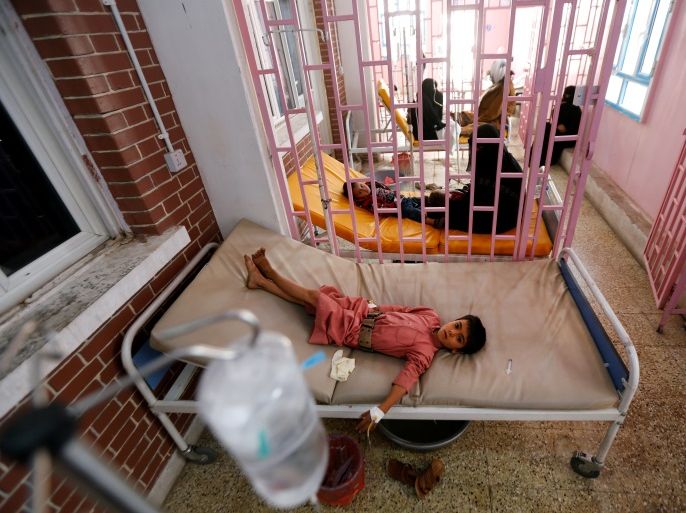 A boy lies on a bed while being treated at a cholera treatment center in Sanaa, Yemen October 8, 2017. Picture taken October 8, 2017.REUTERS/Khaled Abdullah