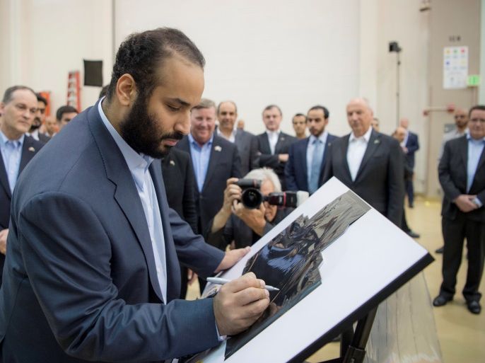 Saudi Arabia's Crown Prince Mohammed Bin Salman is seen during his visit to Lockheed Martin company in San Francisco, U.S., April 6, 2018. Bandar Algaloud/Courtesy of Saudi Royal Court/Handout via REUTERS THIS IMAGE HAS BEEN SUPPLIED BY A THIRD PARTY.